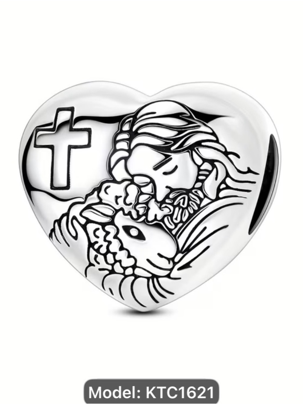 Silver Heart Charm with Shepherd and Lamb - Religious Pendant